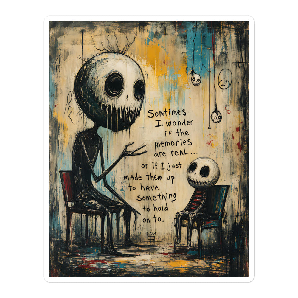 5.5 x 5.5 inch 'Memories' goth sticker featuring two skull-faced figures sitting in chairs, with the words "Sometimes I wonder if the memories are real"