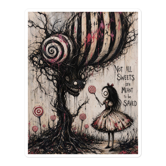 5.5 x 5.5 inch 'Sweet Tooth' goth sticker featuring a girl with a lollipop facing a creepy candy-striped tree monster, with the words "Not all sweets are meant to be saved"