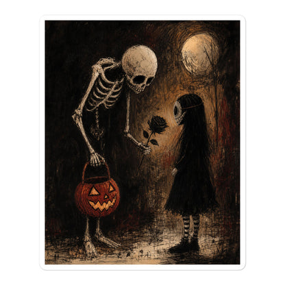 5.5 x 5.5 inch 'No Trick Just Treat' goth sticker featuring a skeleton handing a jack-o'-lantern pail to a pale little girl under a full moon