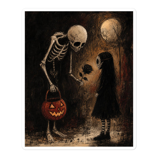 5.5 x 5.5 inch 'No Trick Just Treat' goth sticker featuring a skeleton handing a jack-o'-lantern pail to a pale little girl under a full moon
