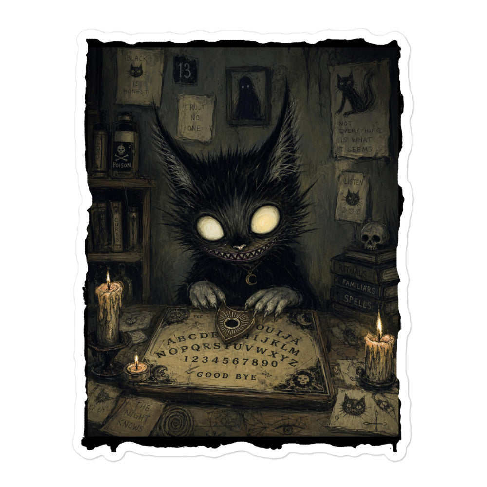 5.5 x 5.5 inch 'Free Readings' goth sticker featuring a wide-eyed black cat creature at a Ouija board surrounded by candles