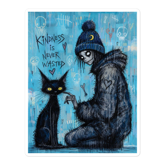 5.5 x 5.5 inch 'Kindness Is Never Wasted' goth sticker featuring a girl in a moon beanie petting a black cat on a blue background, with the words "Kindness is never wasted"