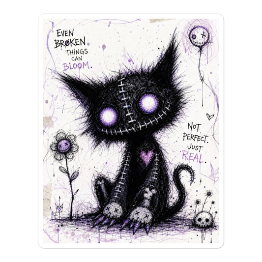 5.5 x 5.5 inch 'Even Broken Things Can Bloom' goth sticker featuring a stitched black cat with glowing purple eyes beside a flower, with the words "Even broken things can bloom"