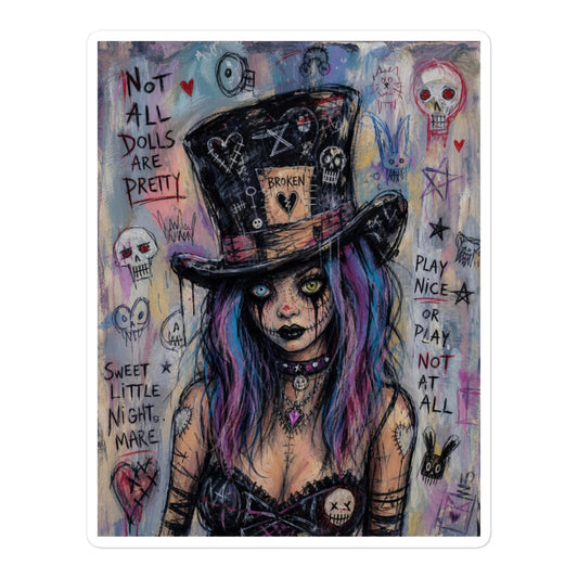 5.5 x 5.5 inch 'The Real Alice' goth sticker featuring a goth girl with blue and purple hair in a patched top hat, with the words "Not all dolls are pretty"