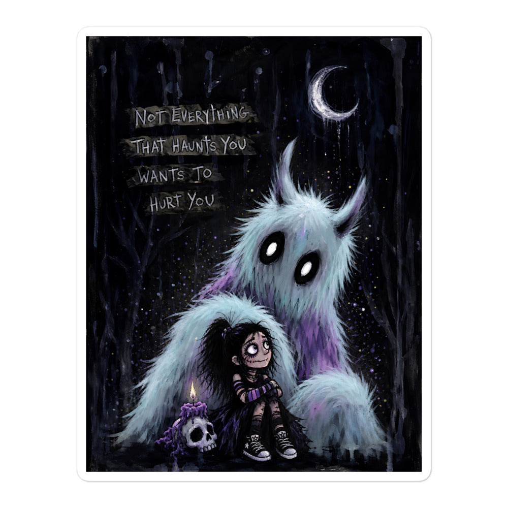 5.5 x 5.5 inch 'The Haunted' goth sticker featuring a little goth girl holding a candle beside a fuzzy blue monster under a crescent moon, with the words "Not everything that haunts you wants to hurt you"