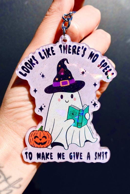 Funny Halloween keychain: ghost holding drink, witch hat, pumpkin charm with purple text