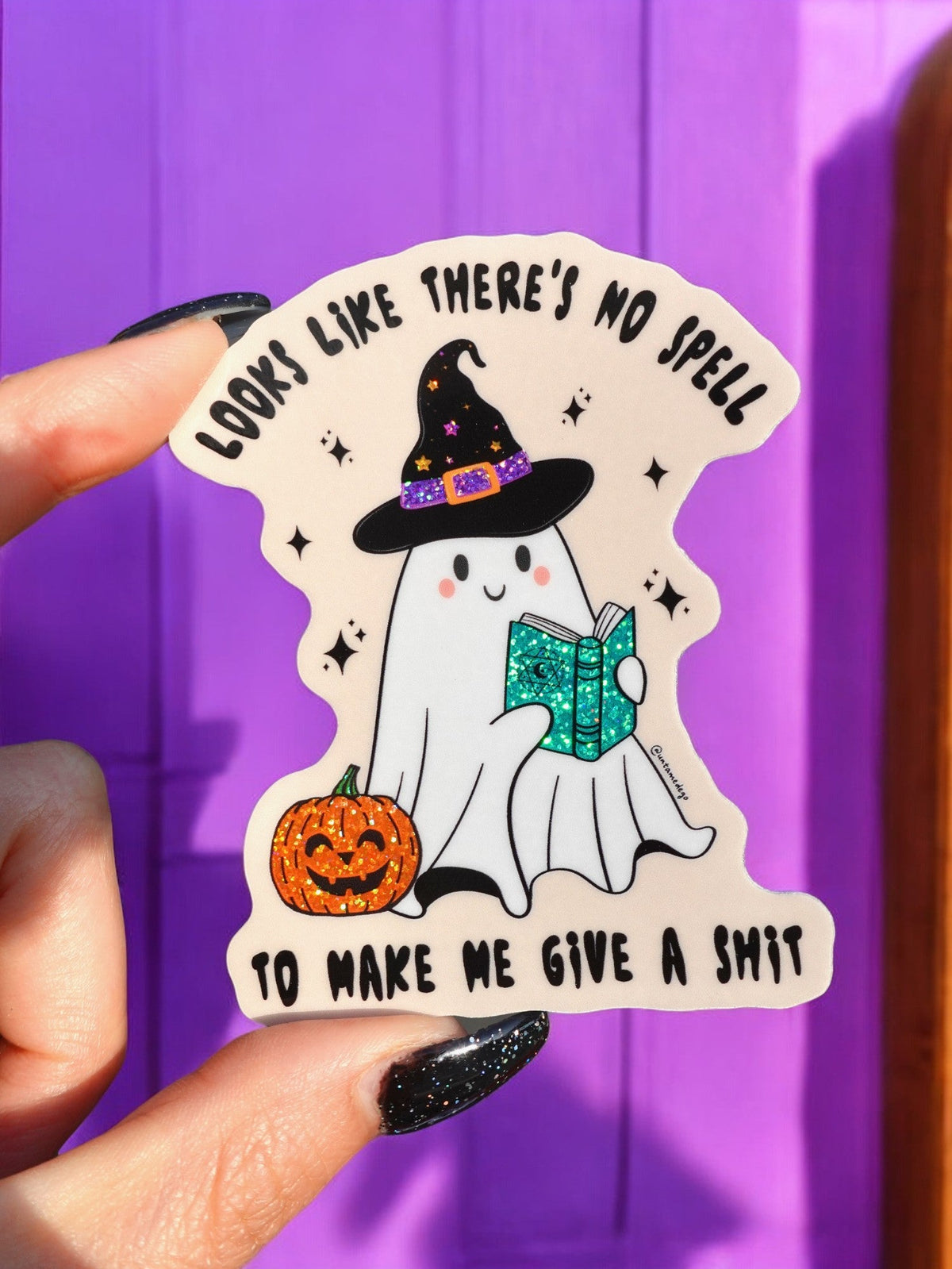 Funny Halloween sticker showing white ghost witch with purple hat and text 'NO SPELL!'