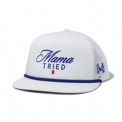 Mama Tried Ultra Funny Embroidered Hat in Flat Bill White with Blue Rope – Ivy + Cloth