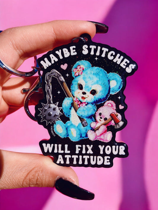 Funny Cartoon attitude keychain with blue bear and 'Will Fix Your Attitude' text