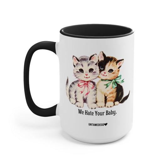 Funny "Mean Cats" — 15oz white ceramic mug with mean cats graphic and black handle