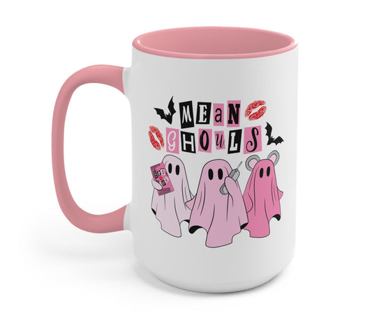 Funny "Mean Ghouls Halloween" — Halloween mug, white with pink rim and handle, cartoon ghost crew graphic