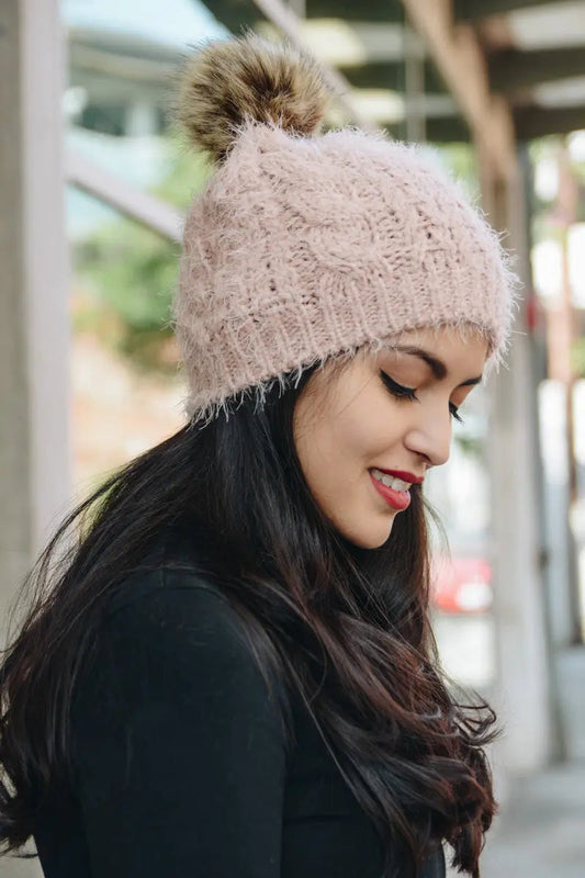 Mohair Fur Knit Pom Beanie knit winter hat in Pink