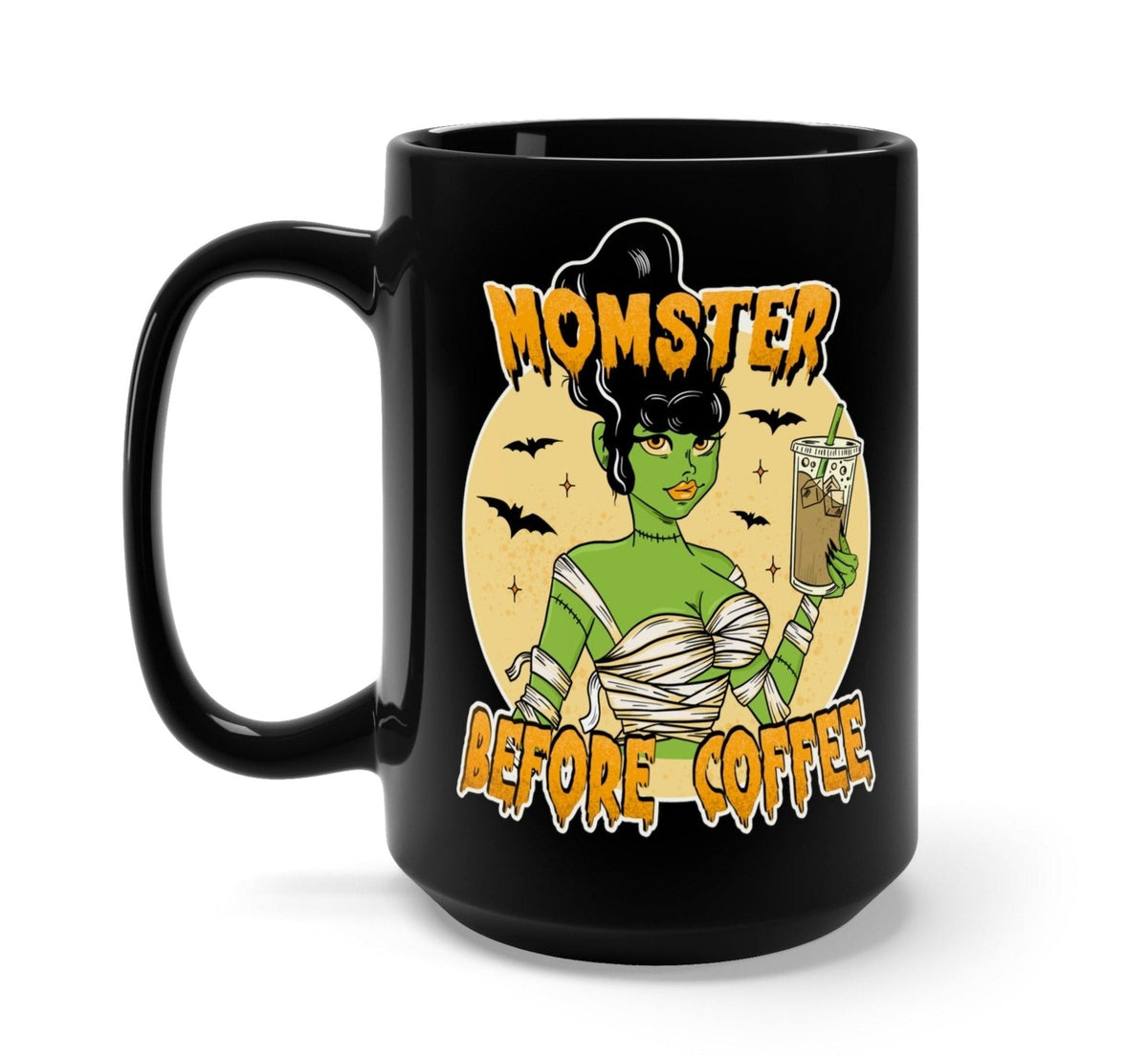 Funny "Momster Before Coffee Halloween" — Black Halloween coffee mug with Momster Before Coffee monster graphic