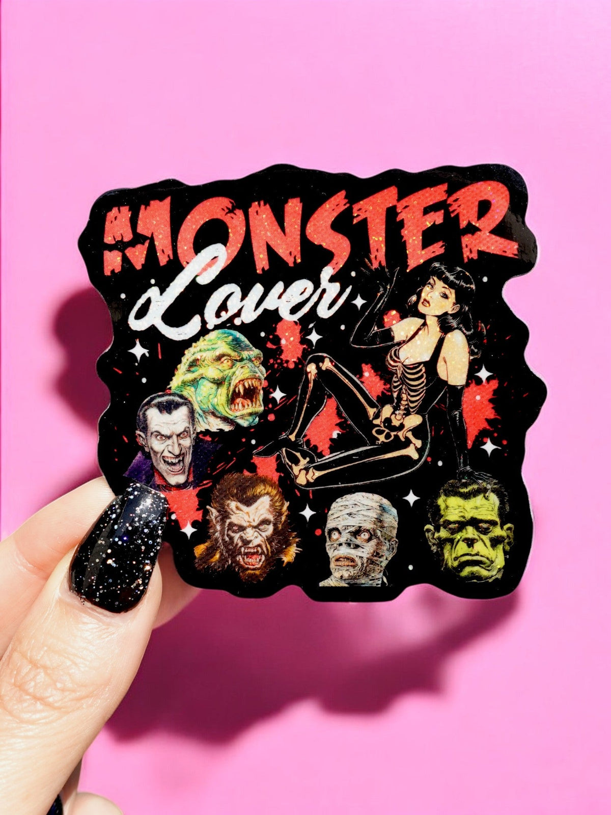 Funny Halloween sticker featuring a Monster Lover collage with skeletons and Halloween characters