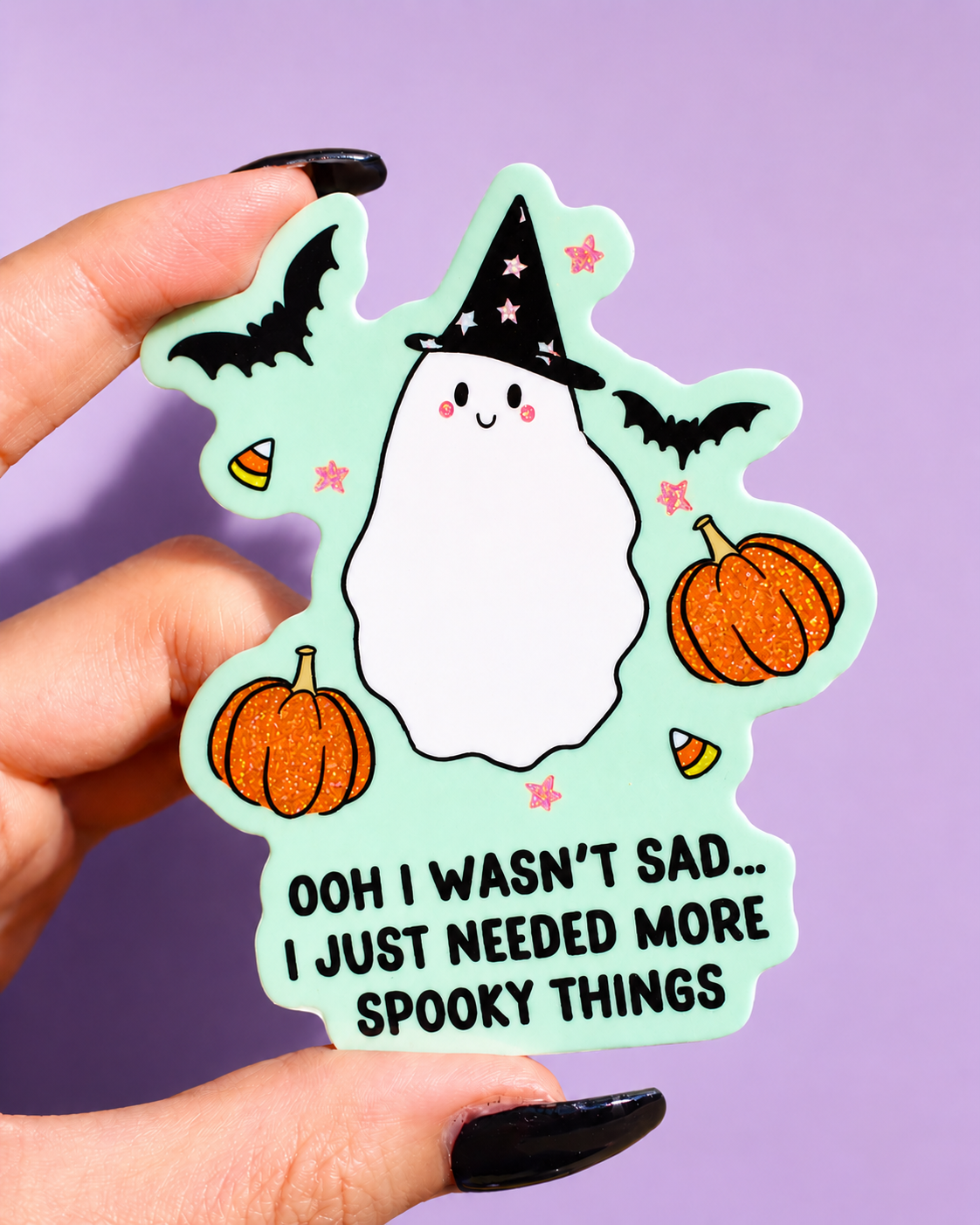 Funny Halloween sticker: cute ghost in witch hat with pumpkins and spooky things text