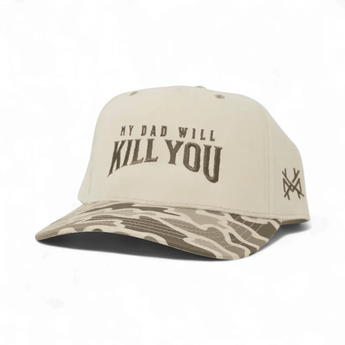 My Dad Will Kill You Funny Embroidered Snapback Hat in Retro Field Camo/Natural – Ivy + Cloth
