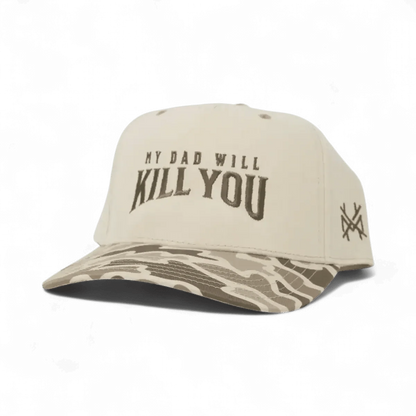 My Dad Will Kill You Funny Embroidered Snapback Hat in Retro Field Camo/Natural – Ivy + Cloth