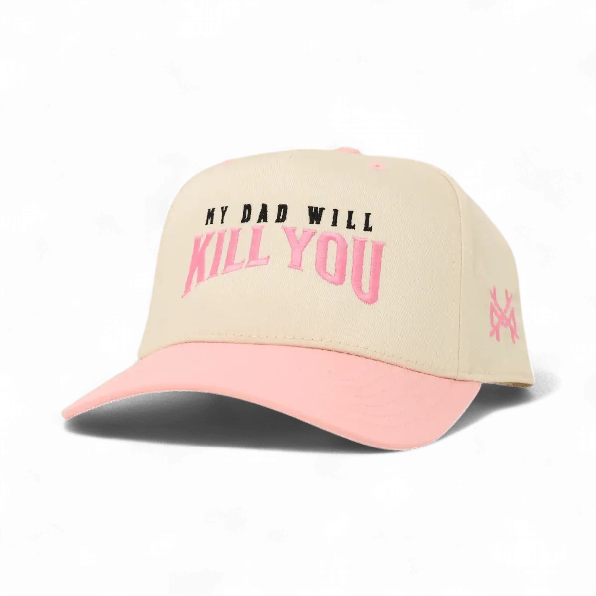 My Dad Will Kill You Funny Embroidered Snapback Hat in Retro Pink/Natural – Ivy + Cloth