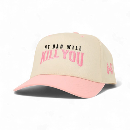 My Dad Will Kill You Funny Embroidered Snapback Hat in Retro Pink/Natural – Ivy + Cloth