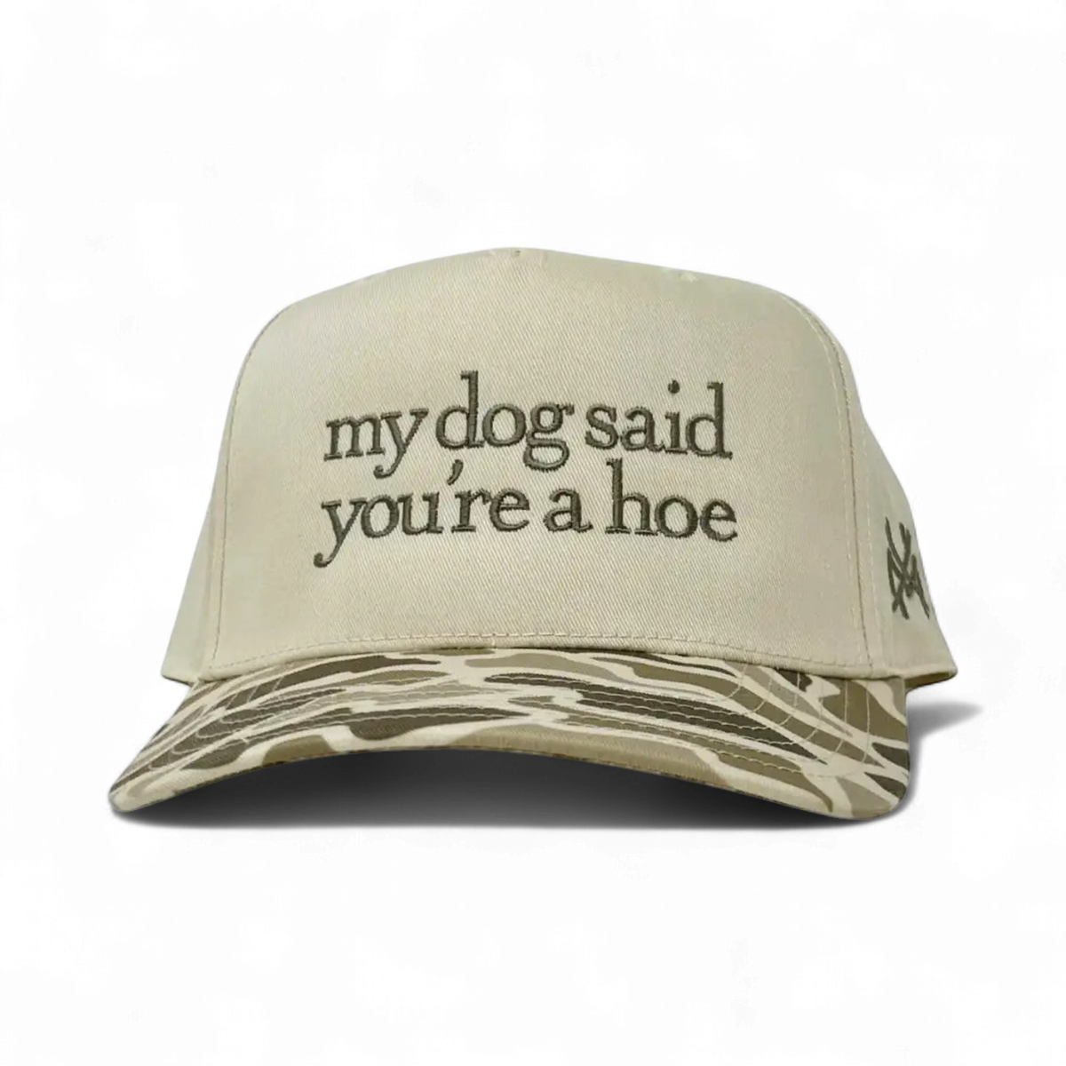 My Dog Said You're A Hoe Funny Embroidered Snapback Hat in Retro Field Camo/Natural – Ivy + Cloth