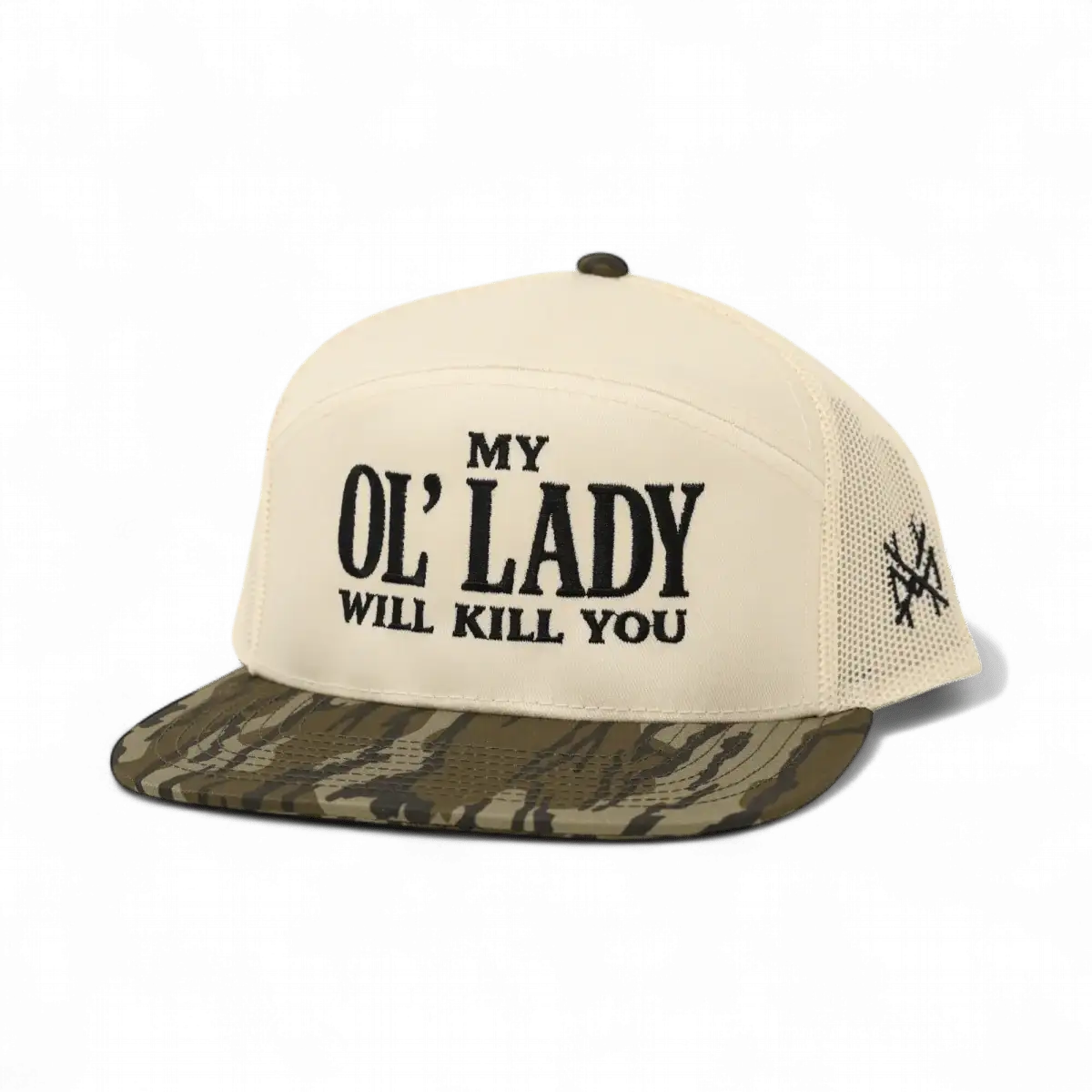 My Ol Lady Will Kill You Funny Embroidered Snapback Hat in 7 Panel Bottomland/Natural – Ivy + Cloth