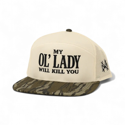 My Ol Lady Will Kill You Funny Embroidered Snapback Hat in 7 Panel Bottomland/Natural – Ivy + Cloth