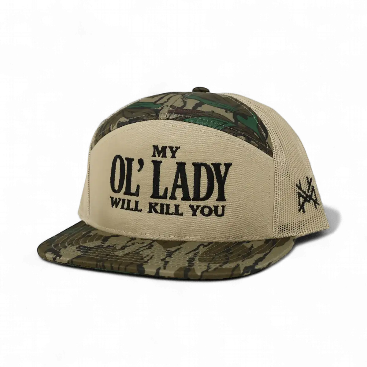 My Ol Lady Will Kill You Funny Embroidered Snapback Hat in 7 Panel Greenleaf/Tan/Greenleaf – Ivy + Cloth