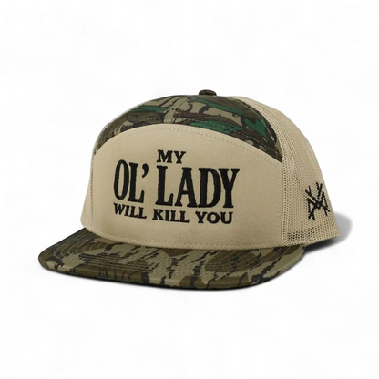 My Ol Lady Will Kill You Funny Embroidered Snapback Hat in 7 Panel Greenleaf/Tan/Greenleaf – Ivy + Cloth