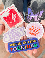 A set of colorful Christian Stickers featuring motivating messages like 'Don't Give Up Hope' and 'We're in This Together'