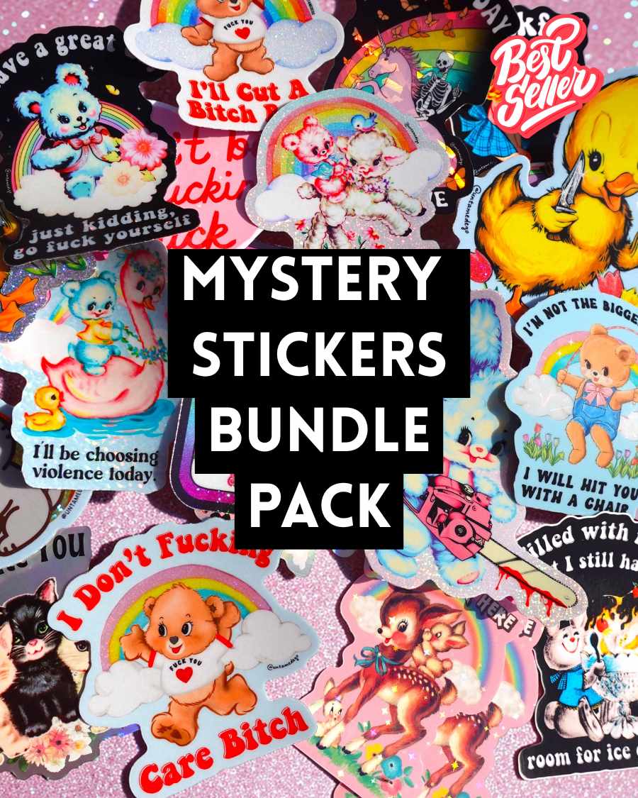 Funny Sticker bundle pack of colorful cartoon character designs with bows, rainbows, and animals.