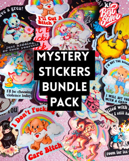 Funny Sticker bundle pack of colorful cartoon character designs with bows, rainbows, and animals.
