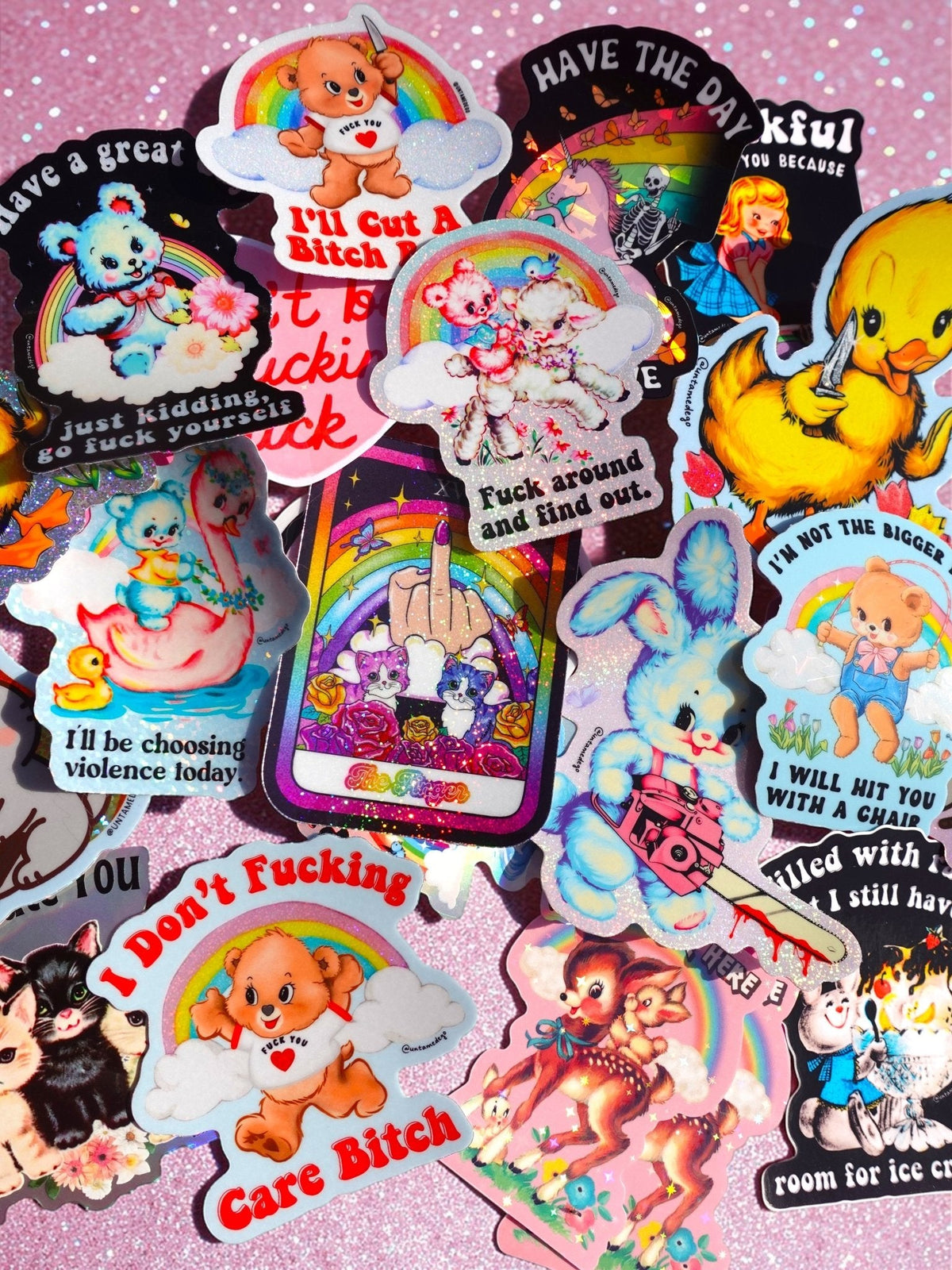 Funny Sticker bundle pack with multiple cute character stickers, rainbows, and pastel accents.