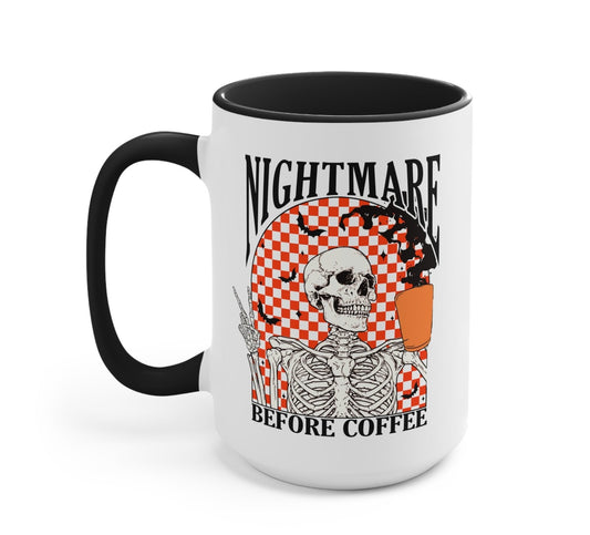 Funny "Nightmare Before Coffee Halloween" — Halloween coffee mug, white with black rim and handle, skeleton skull checker graphic