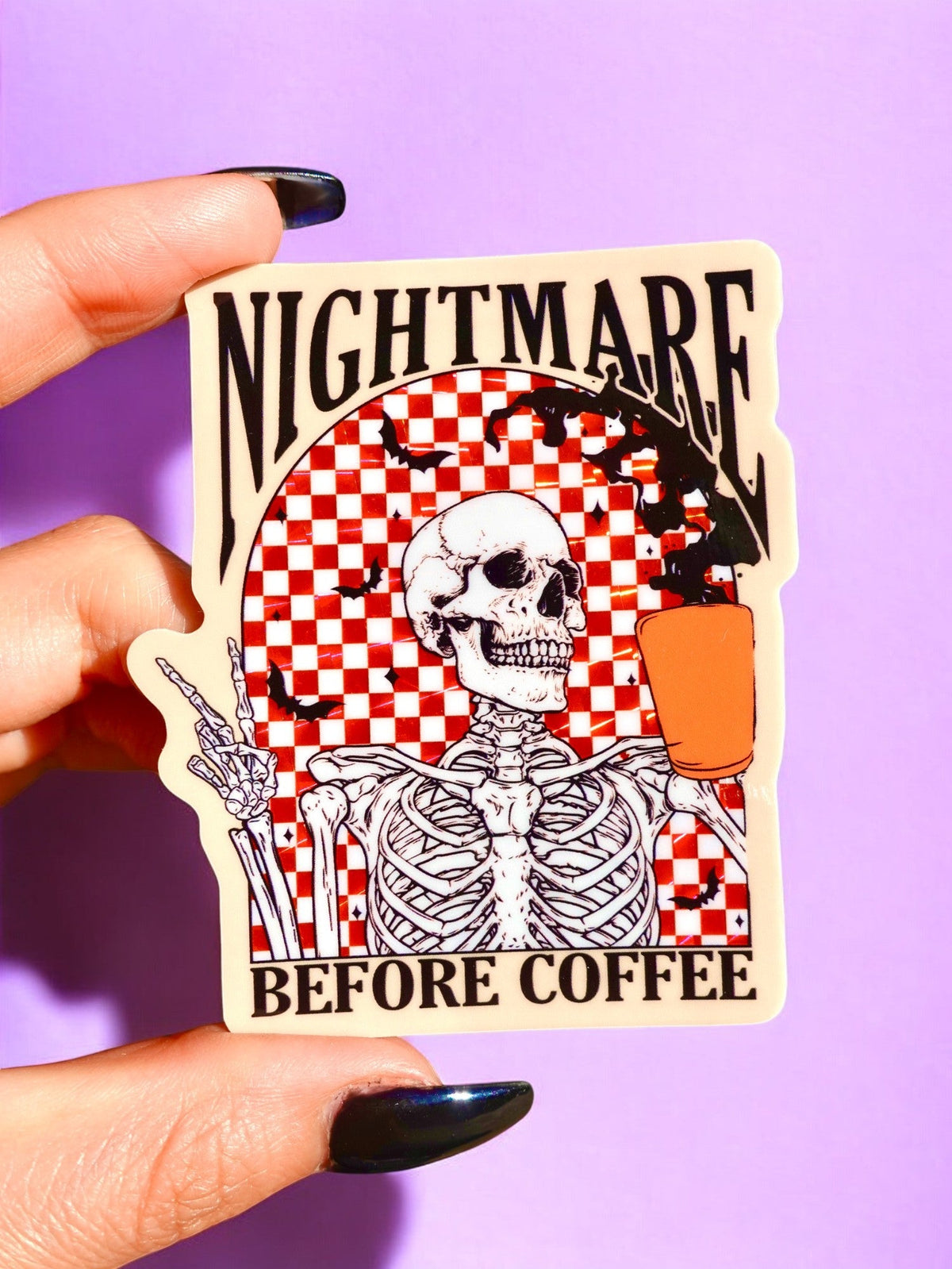Funny Coffee-themed horror sticker with skull face, checkered pattern, and coffee cup icon