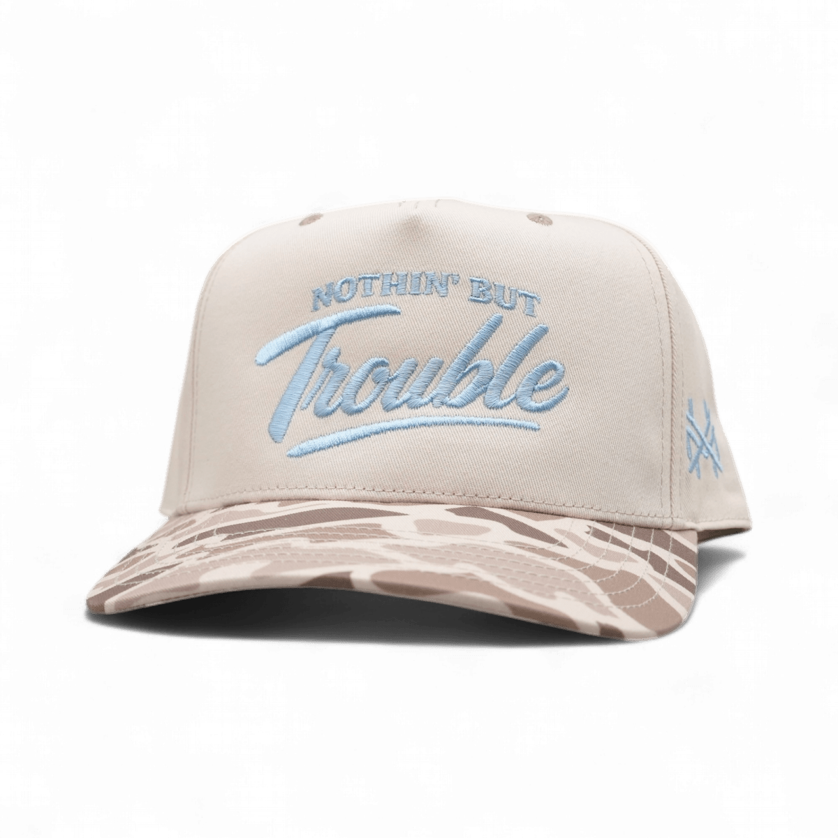 Nothing But Trouble Funny Embroidered Snapback Hat in Retro Field Camo/Natural – Ivy + Cloth