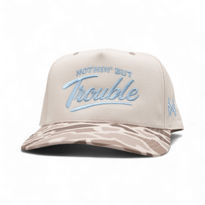 Nothing But Trouble Funny Embroidered Snapback Hat in Retro Field Camo/Natural – Ivy + Cloth