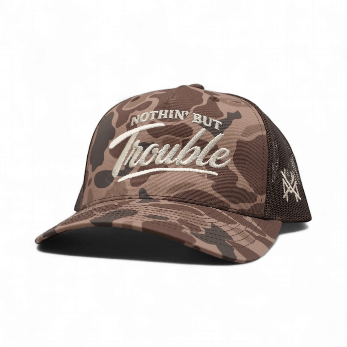 Nothing But Trouble Funny Embroidered Snapback Hat in Trucker Duck Camo – Ivy + Cloth