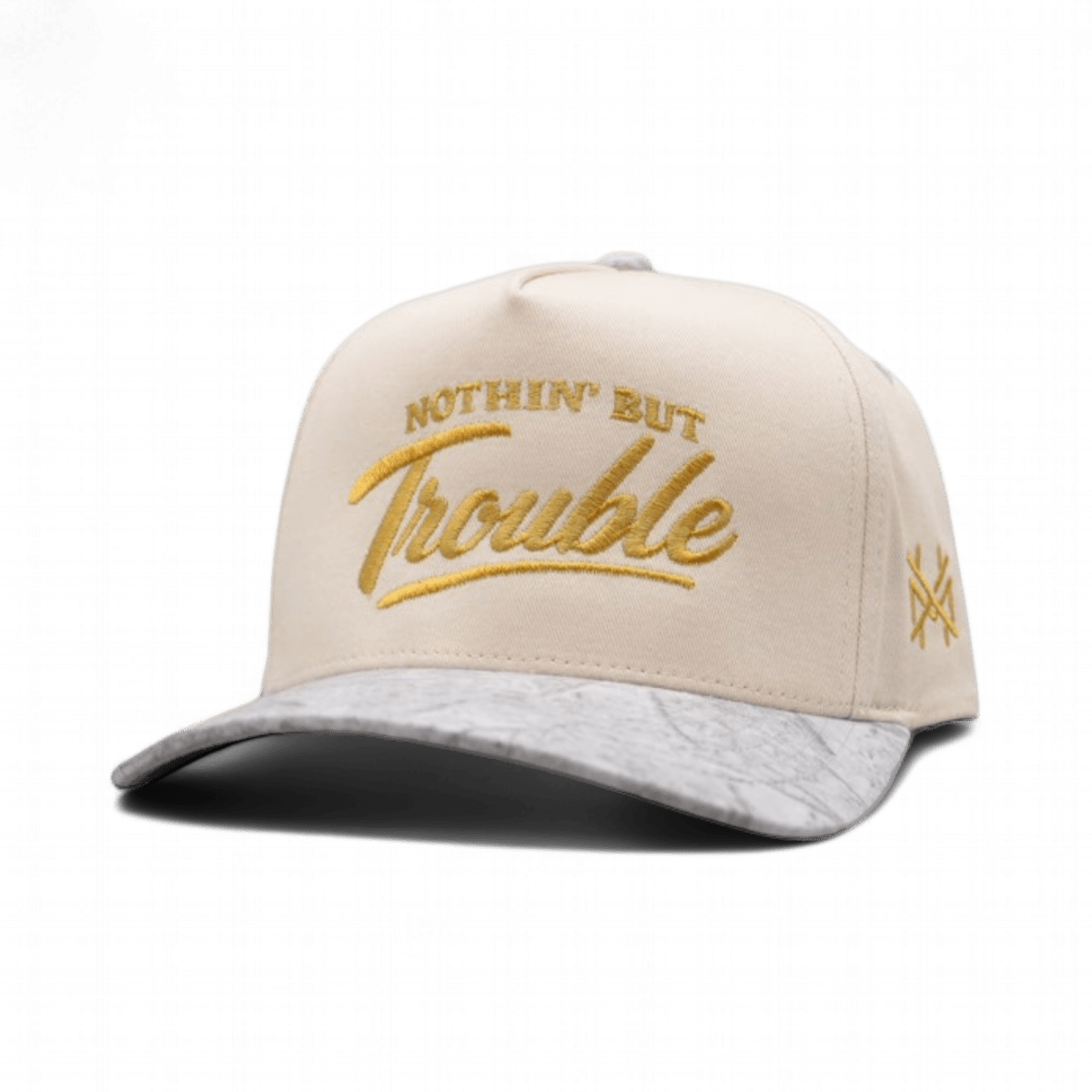 Nothing But Trouble Funny Embroidered Snapback Hat in Retro Light Camo/Natural – Ivy + Cloth