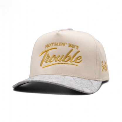 Nothing But Trouble Funny Embroidered Snapback Hat in Retro Light Camo/Natural – Ivy + Cloth