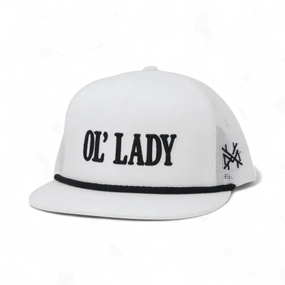 Ol Lady Funny Embroidered Snapback Hat in Flat Bill White with Black Rope – Ivy + Cloth