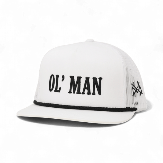 Ol Man Funny Embroidered Snapback Hat in Flat Bill White with Black Rope – Ivy + Cloth