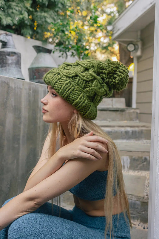 Oversized Chunky Knit Pom Beanie, cozy knit winter hat