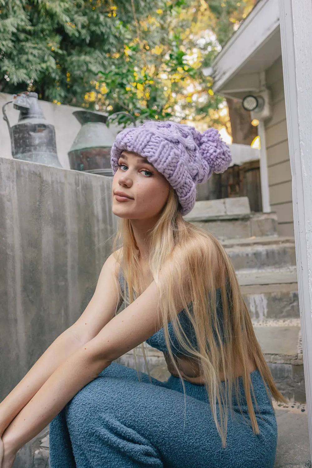 Oversized Chunky Knit Pom Beanie, cozy knit winter hat – view 2