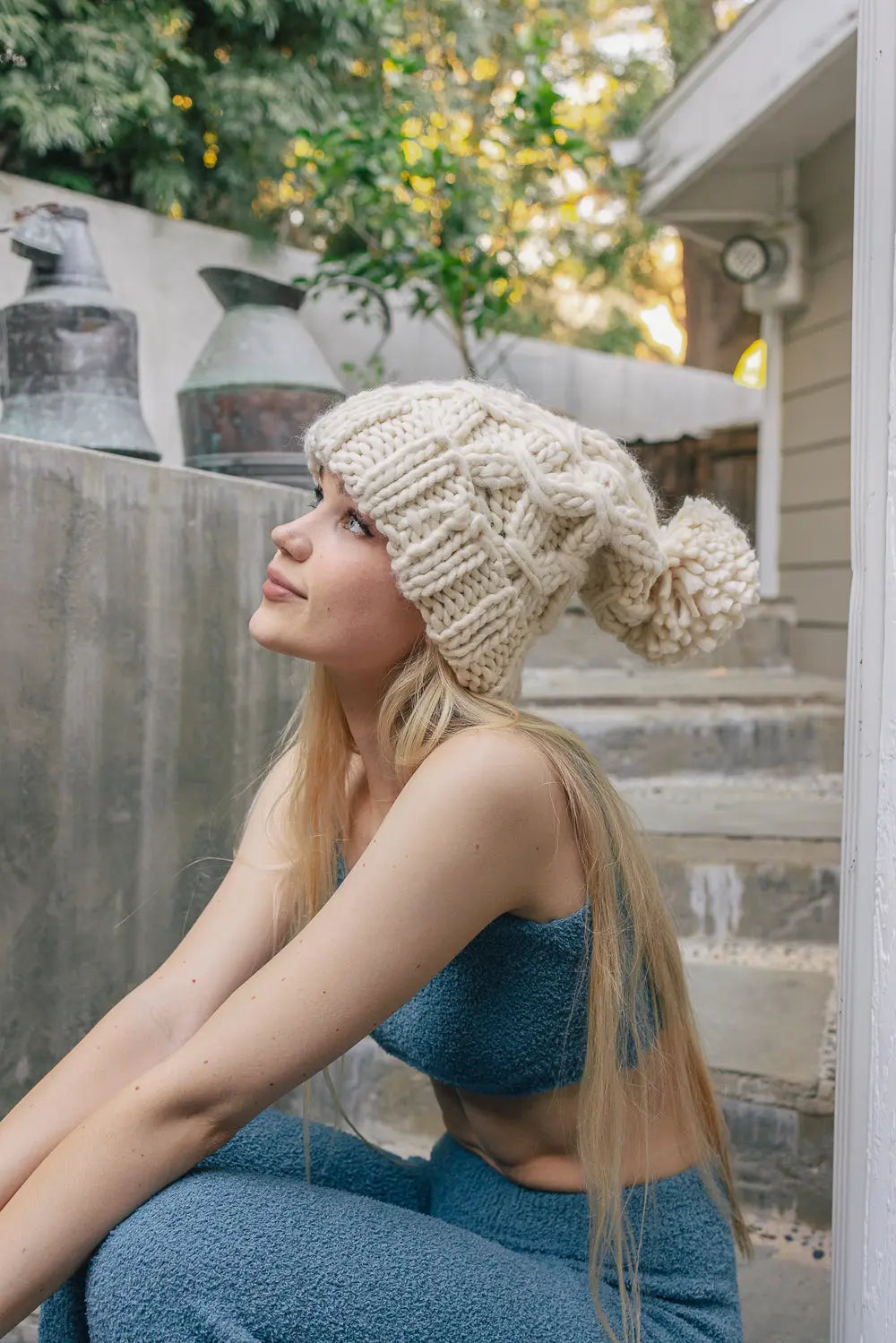 Oversized Chunky Knit Pom Beanie, cozy knit winter hat – view 3
