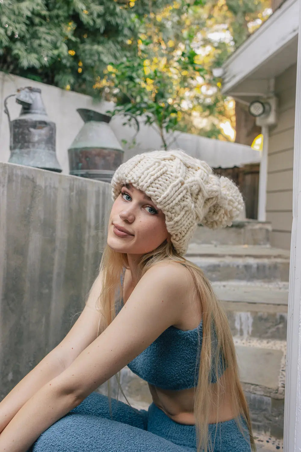 Oversized Chunky Knit Pom Beanie knit winter hat in Ivory