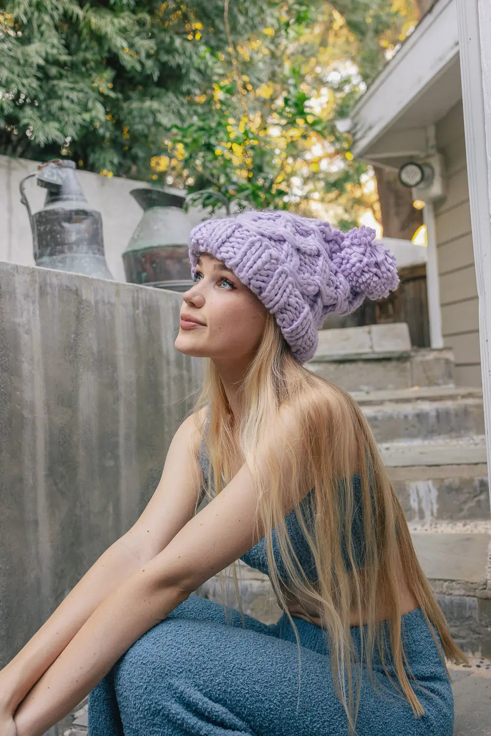 Oversized Chunky Knit Pom Beanie knit winter hat in Lavender