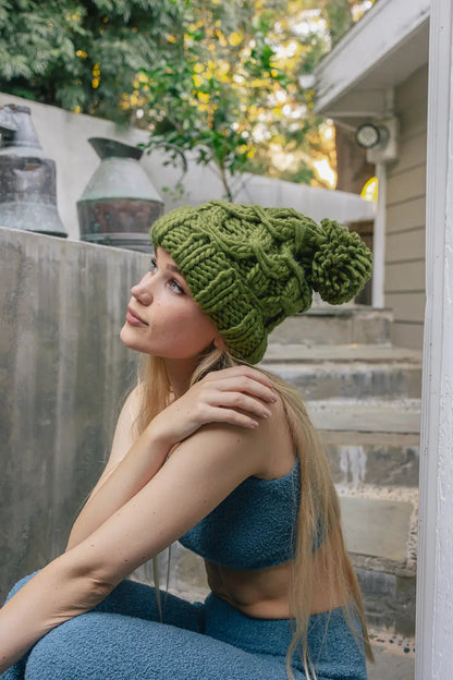 Oversized Chunky Knit Pom Beanie knit winter hat in Olive