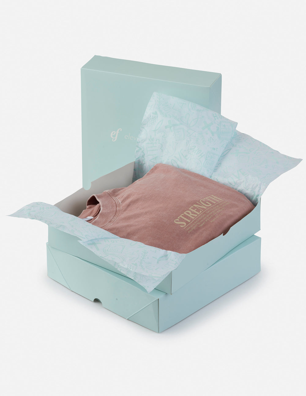 Elevated Faith gift box with Christian Apparel featuring a pink shirt with the word Strength