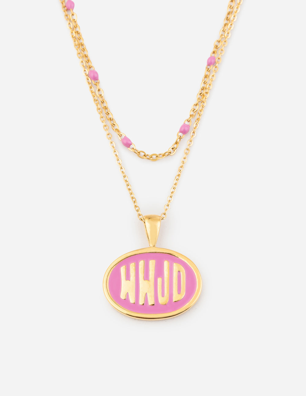 Gold Layered Necklace with Pink WHJD Pendant from Elevated Faith, perfect Christian Jewelry