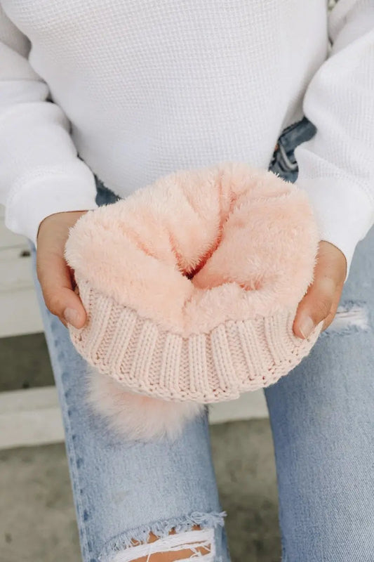 Pom Beanie with Faux Sherpa Lining, cozy knit winter hat